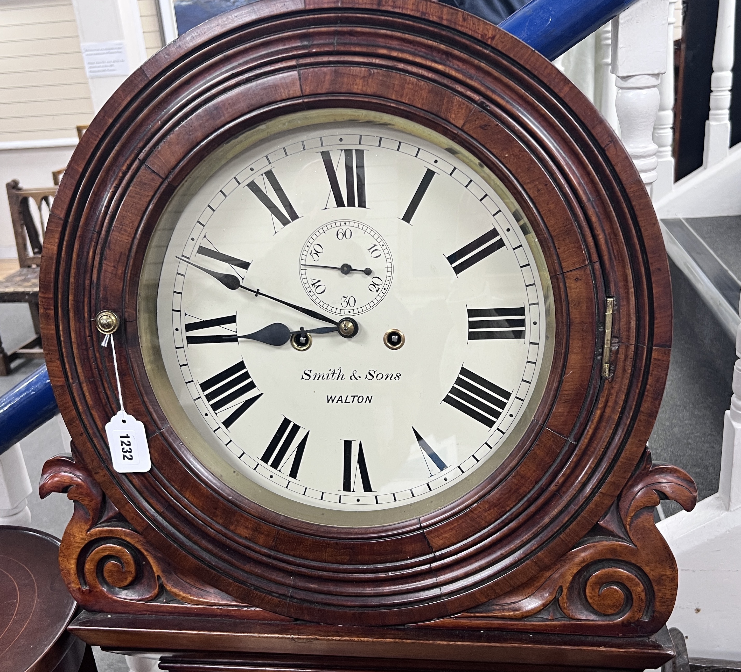 A Victorian mahogany Tavern clock with twin weight driven movement, marked Smith & Son, Walton, height 154cm